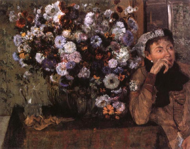 Edgar Degas A Woman seated beside a vase of flowers Norge oil painting art